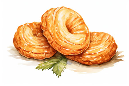 Delicious, sweet, and tasty homemade bakery: Puff Pastry with French Croissant, Golden Palmier, and Sweet Filled Bun.の素材