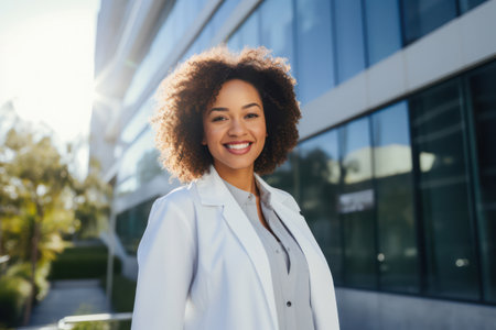 Cheerful African American Female Doctor with a Positive Attitude and Confident Smile in a Professional Medical Officeの素材