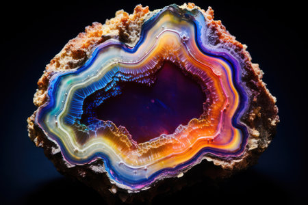 Abstract Cross-Section of Agate: A Colorful Geode Specimen, Embodying the Richness of Natures Hidden Gems, Unveiling a Mesmerizing Crystalline Structure on a Polished Chalcedony Surfaceの素材