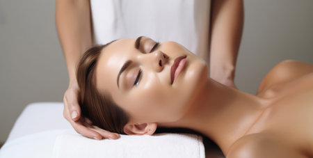 Blissful Relaxation: A Young Woman Enjoying a Calming Facial Treatment in a Serene Spa Salonの素材