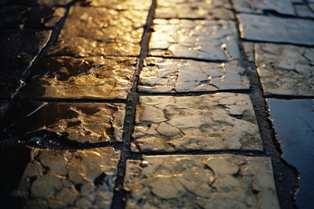 City Streets: Textured Pavement with Old Cobblestones and Wet Puddles, Vintage Black and White Viewの素材