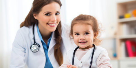 Pediatrician Doctor Examining Happy Toddler Patient in Clinicの素材