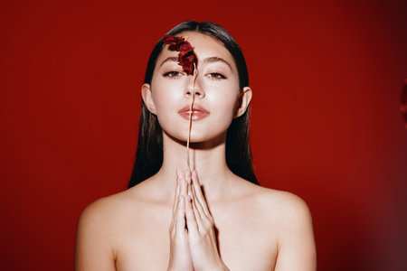 Beauty Portrait of a Fashion Model: Young Woman with Attractive Glamour, Care for Skin and Stylish Makeup on Bright Backgroundの写真素材