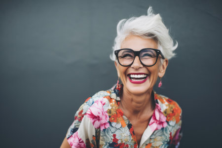 Cheerful Elderly Woman with Grey Hair, Posing Confidently Outdoors on a Modern Backgroundの素材