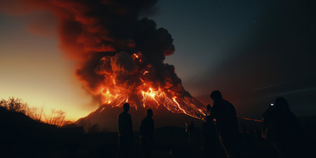 Blazing Inferno: A Red Hot Night of Natures Wrath, the Fiery Dance of Flames and Smoke on a Dangerous Mountain, a Destructive Disaster in the Dark Sky of the Volcanic Landscape.の素材