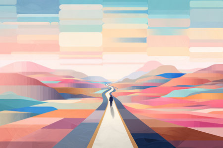 Journey Through the Desert: A Majestic Landscape of Dry, Red Sand Dunes Surrounded by Blue Skies and a Vibrant Orange Sunset on an Empty Country Roadの素材