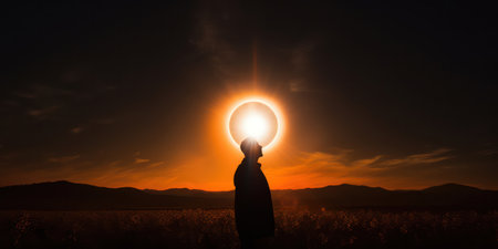 Majestic Sunset: A Silhouette of a Man Standing Amidst the Glowing Light of a Bright Orange Sky, Embracing the Mysterious and Fantasy-Like Landscape.の素材