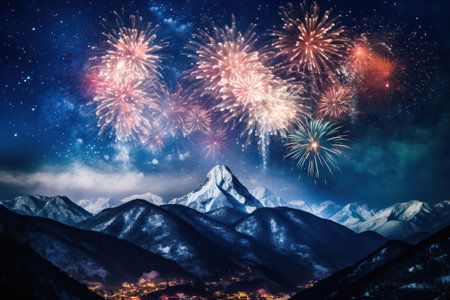 Night Sky Celebrations: A Colorful Explosion of Fireworks Lighting up the New Year Holiday Eventの素材