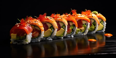Delicious Gourmet Japanese Salmon Sushi Roll on Nori Seaweed with Avocado, Fresh Shrimp, and Rice â Tasty Asian Cuisine Serving on Black Plateの素材