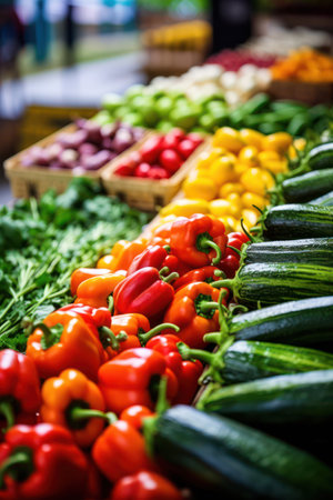 Fresh, Colorful Harvest: A Vibrant Organic Vegetable Market Stall, Overflowing with Healthy, Nutritious Produce, Set Against a Lively Green Backgroundの素材