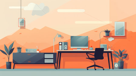 Modern Office Workspace with Computer, Desk, and View of Cityscape through Windowの素材