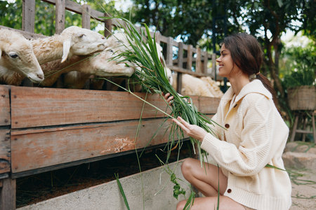 A woman in a white sweater is feeding some sheep with green grass in front of a wooden fenceの写真素材
