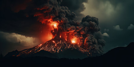 Explosive Fury in the Night: Volcano Eruption Ignites Earths Power, Creating a Fiery Silhouette of Mount Etna against Dark, Orange Skyの素材