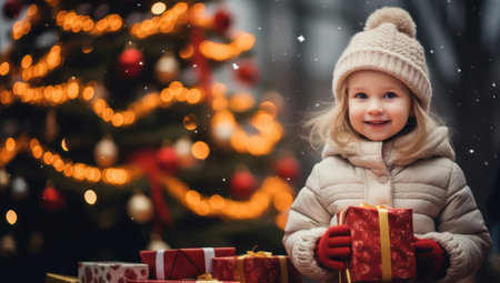 Happy Child with a Surprise Gift, Celebrating Christmas in a Beautifully Decorated Room with a Festive Christmas Treeの素材
