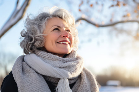 Beautiful Caucasian Senior Woman Posing Outdoors in Autumn Park - Serene, Confident, and Content on a Sunny Dayの素材