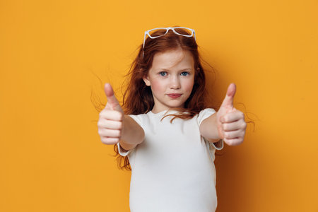 Portrait little young girl childhood beauty gesture person fashion caucasian femaleの写真素材
