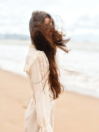 Sun-Kissed Serenity: Young, Summer-Clad Female Embracing Natures Beauty on a Tropical Beach