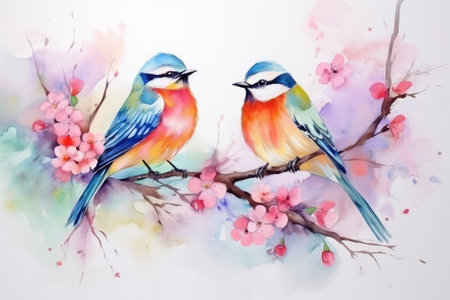 Nature's Beauty: Cute Birds on a Floral Branchの素材