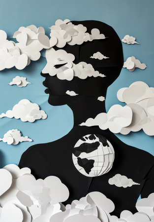 Mind Puzzle: Abstract Human Head Silhouette on Blue Sky Background with White Paper Puzzle Piecesの素材