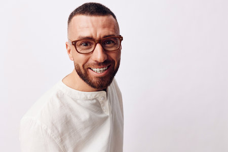 Person man eyeglasses handsome smile adult confidence business beard happy cheerful portrait man...