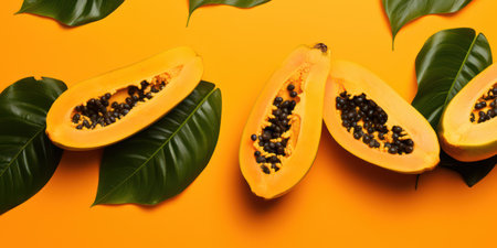 Juicy, Ripe, and Refreshing: A Halved Papaya, a Burst of Tropical Delight on a Vibrant Green Backgroundの素材