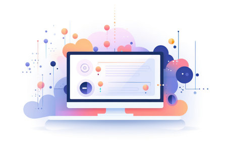 Web Technology: A Flat Illustration of Online Business and Digital Concepts on Computer Screen with Mobile Iconの素材
