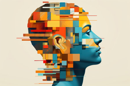 MindTech: An Abstract Futuristic Digital Illustration of a Human Head in Profile with Silhouette Brain and Technology Concept on a Virtual Backgroundの素材