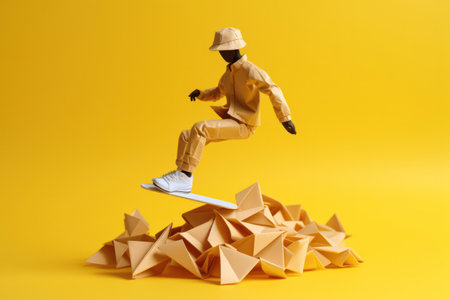 Dynamic Leadership: The Young Businessmans Vibrant Origami Journey in a Blue Sky Background.の素材