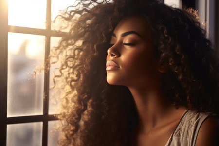 Beauty in Curly Elegance: Attractive Afro-American Female with Natural Hair, a Portrait of Modern Carefree Styleの素材