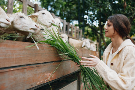 A woman is feeding some sheep with green grass in front of a wooden fence with a sign that says feed the sheepの写真素材