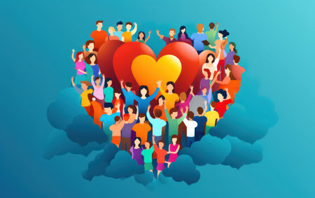 The Love Heart: A Romantic Valentines Day Illustration with Red and White Origami Hearts Flying in the Sky, Creating a Beautiful Symbol of Love and Happiness on a Creative Blue and Pink Abstract Background.の素材