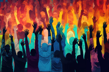 Joyful Night: A Vibrant Silhouette of Crowd Celebrating Live Music Performance at a Rock Concertの素材