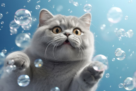 Adorable White Kitten with Fluffy Fur and Green Eyes, Curiously Looking, against Grey Tabby Backgroundの素材