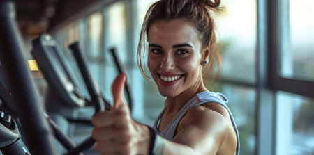 Active Lifestyle: Young Female Fitness Trainer Smiling While Holding Gym Equipment in Indoor Sports Clubの素材