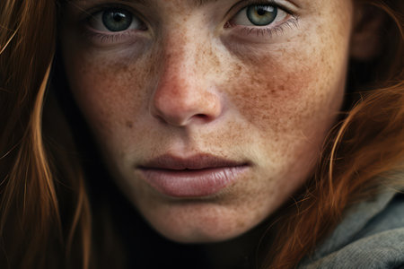 Freckled Beauty: A Close-Up Portrait of a Young Woman with Red Hair and Attractive Frecklesの素材