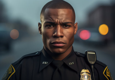 Serious African American Police Officer in Black Uniform, Isolated on White Backgroundの素材