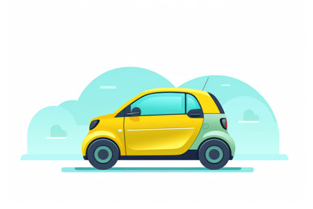 Modern Flat City Drive: A Smart Green Car Illustration in Urban Traffic with Eco-friendly Technologyの素材