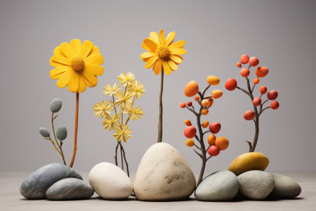 Refreshing Blooms: A Delicate Spring Bouquet, Radiating Vibrant Colors, Rests on a Vintage Table Against a Grey Floral Wallの素材