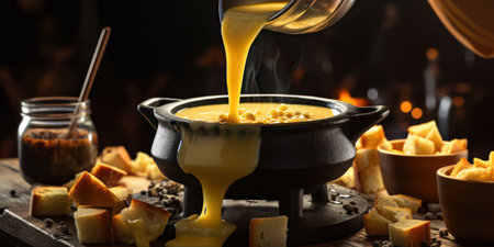 Delicious Swiss Cheese Fondue, a Gourmet Tradition: Melting Pot of Tasty Swiss Cuisine in a Cozy Restaurant, with Warm Bread and Wine, Closeup on a Fondue Burnerの素材