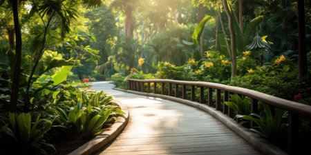 Green Pathway Through Natures Beautiful Forest: A Scenic Journey into Lush Tropical Woodlandの素材