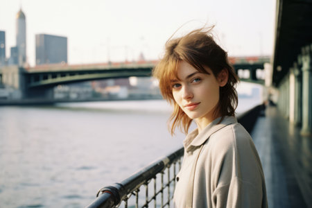Smiling Young Caucasian Woman with Wind-Blown Hair, Fashionably Dressed, Enjoying Cheerful City Lifestyle on a Sunny Autumn Dayの素材