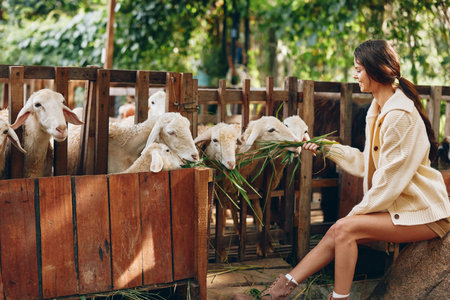 A woman is feeding sheep in a pen with a green plant in front of herの写真素材