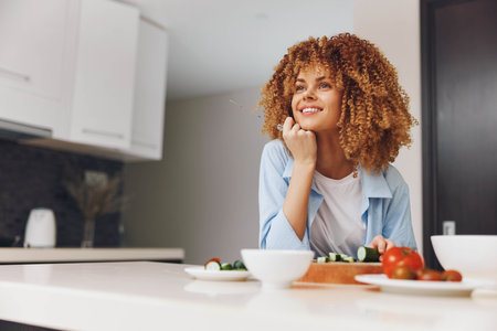Healthy Eating Concept Woman with Curly Hair Enjoying Fresh Vegetables and Salad at the Tableの写真素材