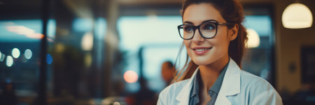 Professional Woman Doctor Smiling in White Coat, Looking at Camera in Medical Officeの素材