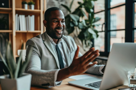 Confident businessman working on laptop, smiling happily in modern office.の素材
