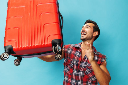 Man suitcase trip journey baggage travel background vacationの写真素材