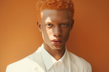 Handsome Afro-American Model with Serious Expression, Posing against a Bright Red Background in Casual Summer Fashionの素材