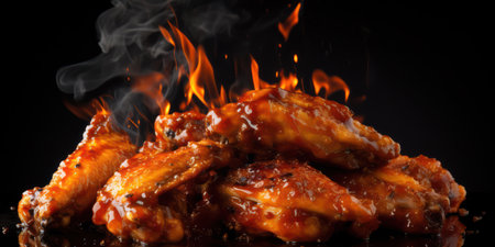 The Deliciously Spicy Chicken Wings: A Crispy, Grilled and Finger-Licking Good American Pub Snack on a Wooden Plate with Tangy BBQ Sauce and a Red Background.の素材