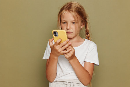 Young cute girl with yellow phone in hand, on green backgroundの写真素材