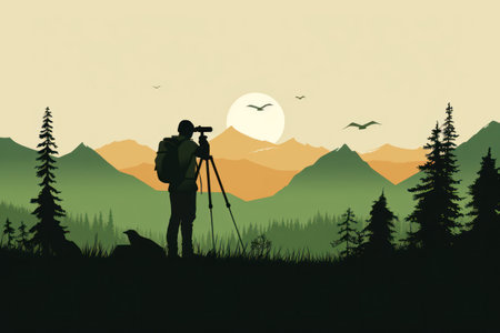 Silhouette of a Photographer Capturing the Majestic Mountain Sunset - A Stunning Nature Viewの素材